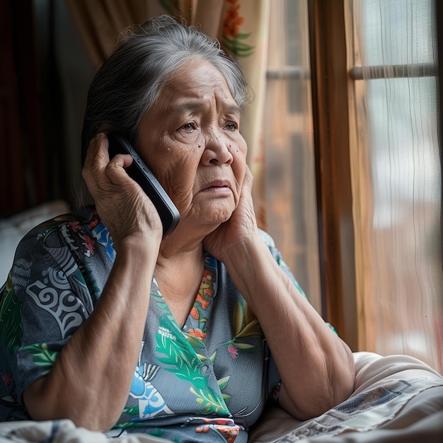 an old woman talking on a cell phone with a palm tree on the left hand