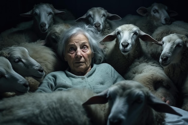 老婦人がベッドで羊を数えながら眠ろうとしている