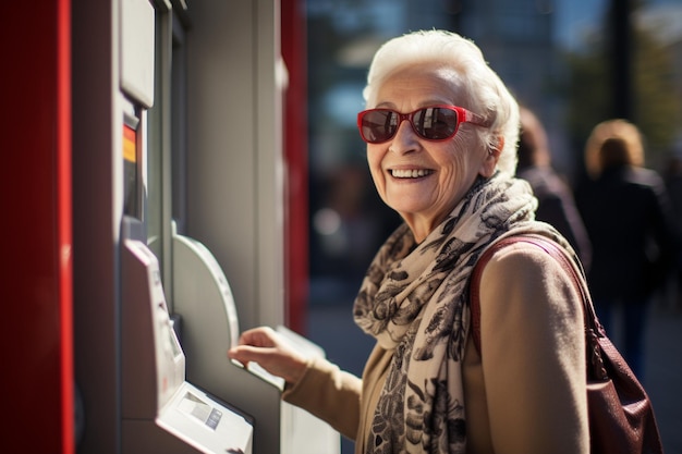 an old woman using an atm machine bokeh style background