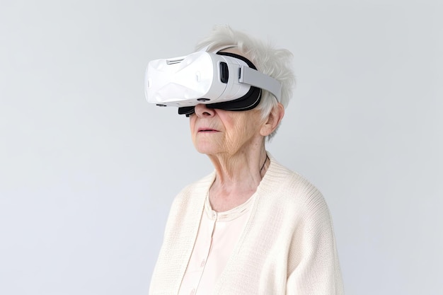 가상 현실 헤드셋 VR 가제트 교육 온라인 또는 게임 개념 Generative AI를 사용하는 할머니