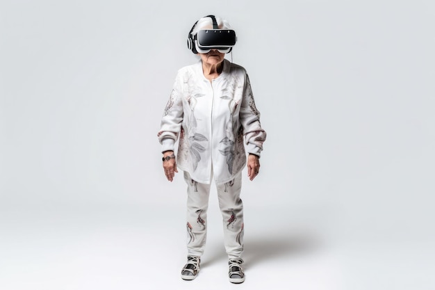 Old woman using virtual reality headset VR gadgets education online game concept Generative AI