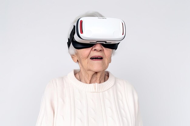 Old woman using virtual reality headset VR gadgets education online or game concept Generative AI