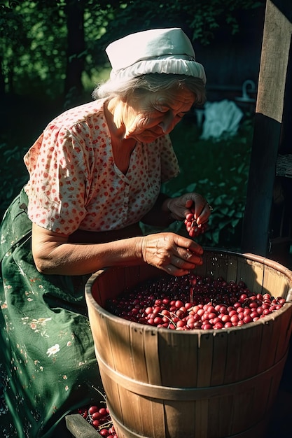 Old woman washes fresh cherry