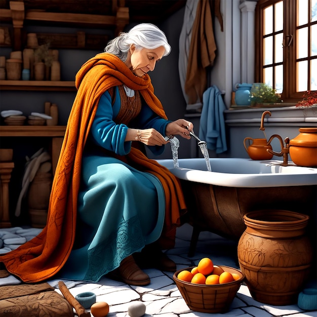 An Old Woman Washing Her Clothes In The Winter In The Style Of Renaissance Art With A Narrow Aspect