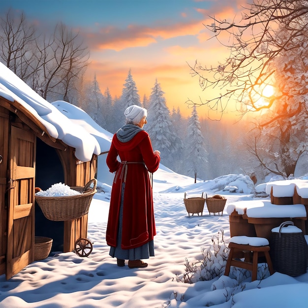 An Old Woman Washing Her Clothes In The Winter In The Style Of Renaissance Art With A Narrow Aspect