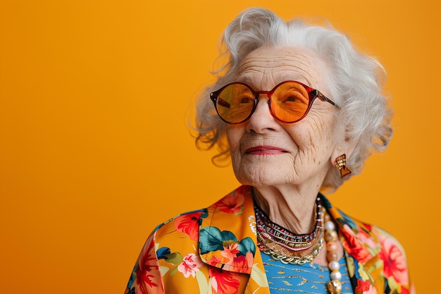 Old woman wearing glasses and floral dress in the orange frame