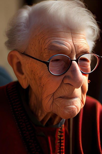 An old woman wearing glasses and a red sweater