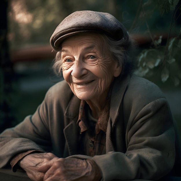 An old woman wearing a hat and a jacket sits at a table.