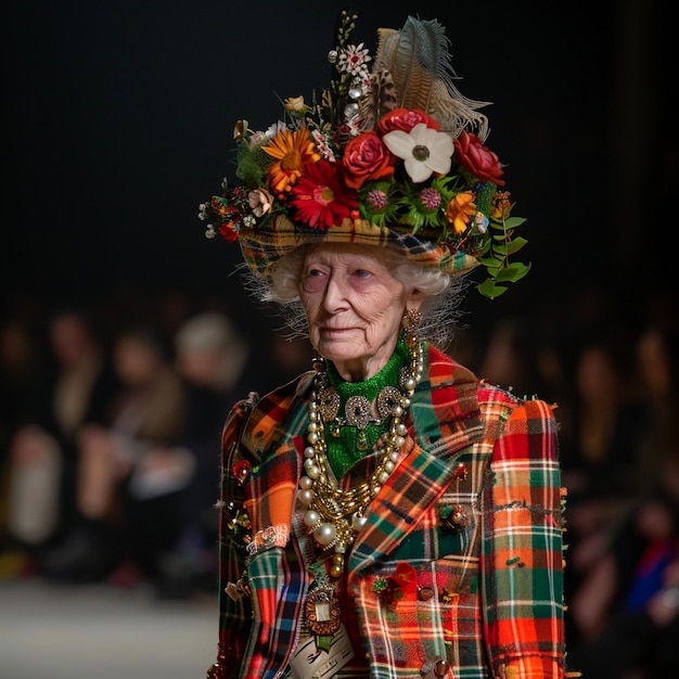 an old woman wearing a hat with flowers on it