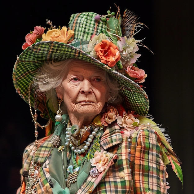an old woman wearing a hat with flowers on it