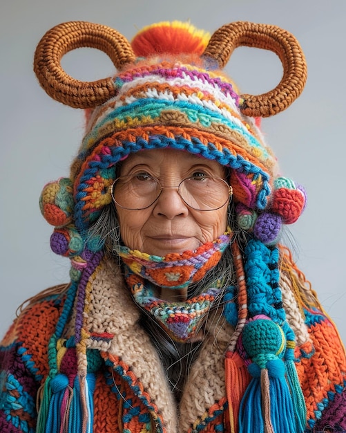 an old woman wearing a hat with a large horn on it