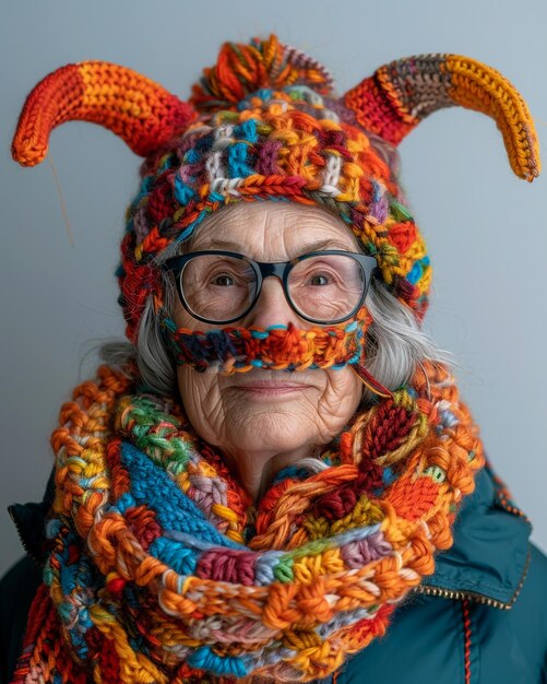 an old woman wearing a hat with the word rabbit on it