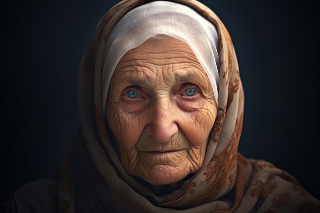 an old woman wearing a headscarf