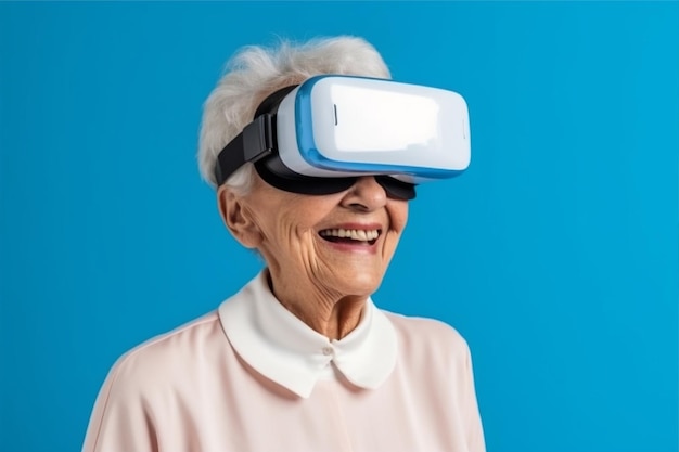 Old woman wearing vr glasses and smiling