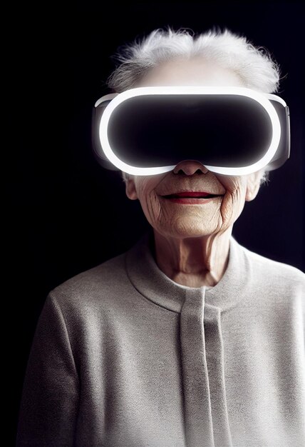 Photo old woman wears virtual reality glasses vr 3d illustrated