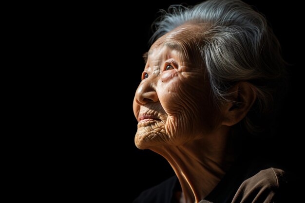 an old woman with a black shirt and a black background