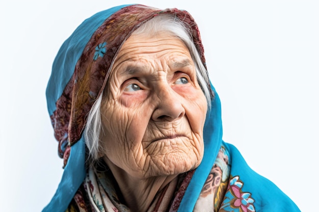 an old woman with a blue scarf and a blue head scarf