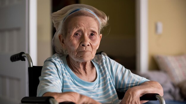 Old woman with cancer is sitting in a wheelchair