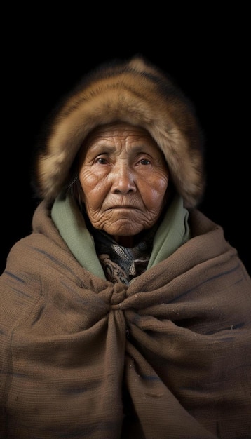 an old woman with a fur hat and a scarf