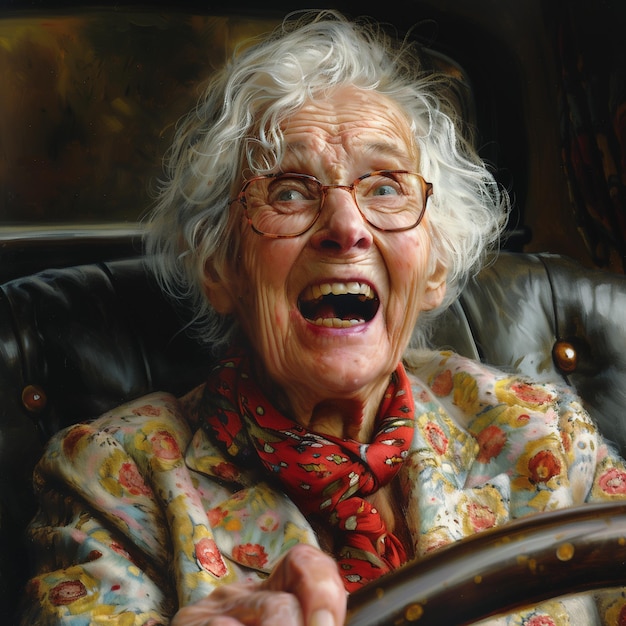 an old woman with glasses on and a sweater with a smile on her face