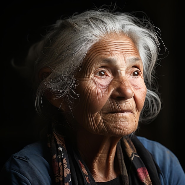 an old woman with gray hair and a scarf on her head