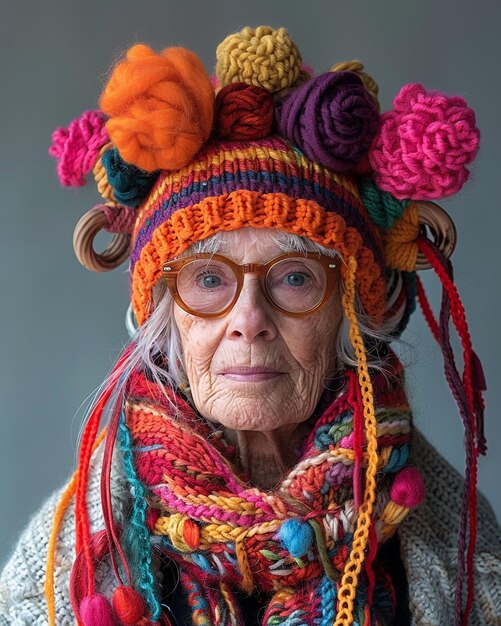 an old woman with a hat that says quot love quot on it