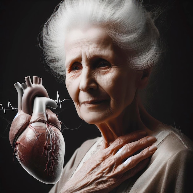 Old woman with heart disease on black background ai generative