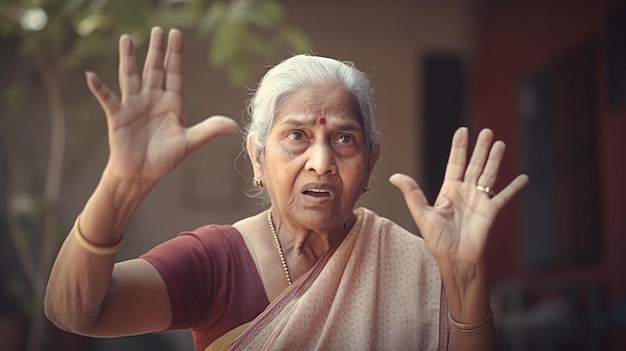 an old woman with her hand up in the air