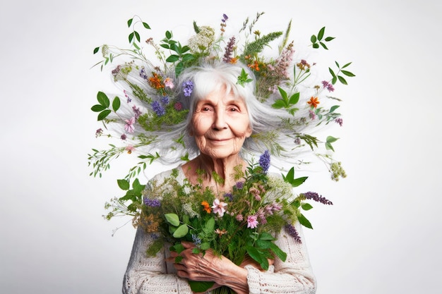 Photo old woman with herbs and flowers on her head flying out of her hair on a white background