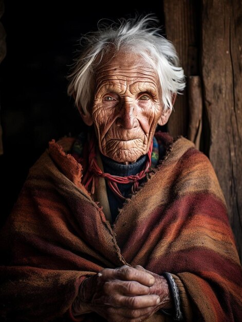 an old woman with a long gray hair and a red and orange scarf