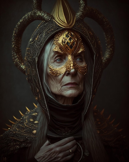 An old woman with a mask and horns on her face