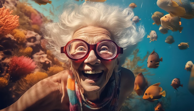 Photo old woman with a mask for snorkeling in the sea near corals