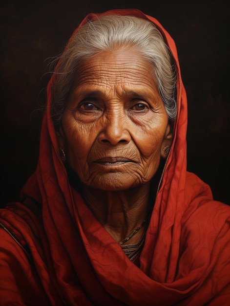 An old woman with a red scarf on her head