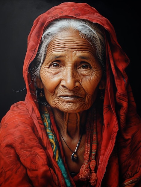 An old woman with a red scarf on her head