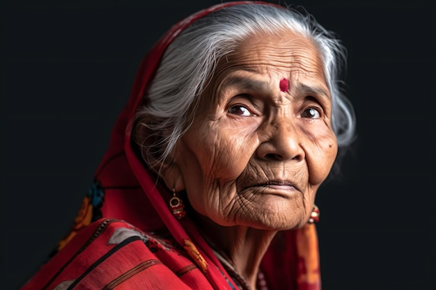an old woman with a red scarf on