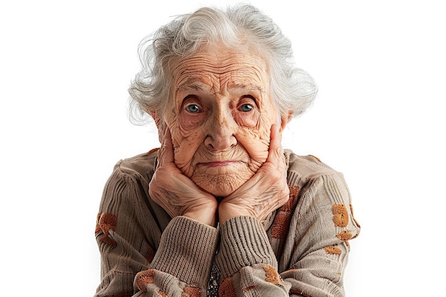 an old woman with a sad face and a hand on her face