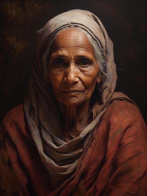 An old woman with a scarf on her head