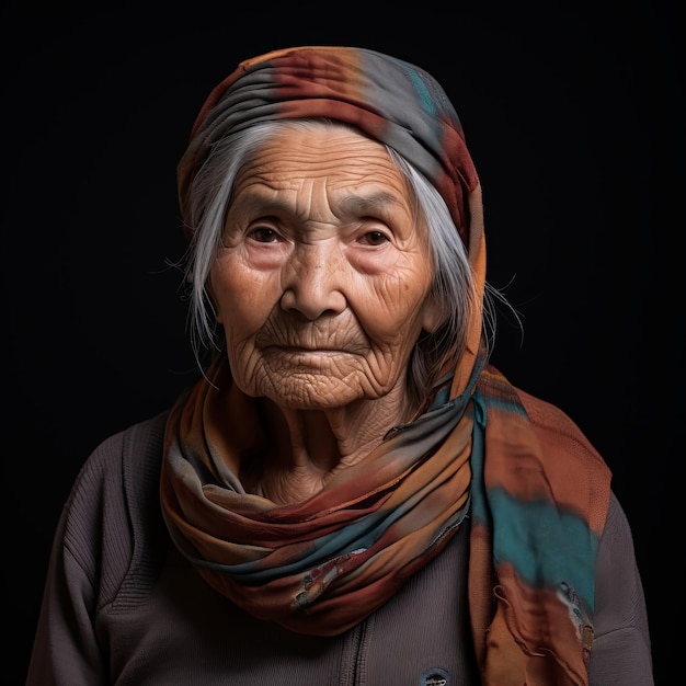 an old woman with a scarf on her head