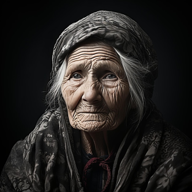 an old woman with a scarf on her head