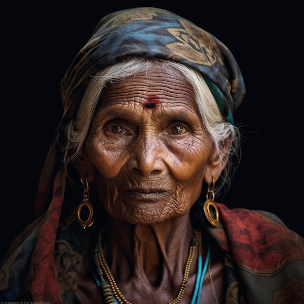 An old woman with a scarf and a red cross on her head