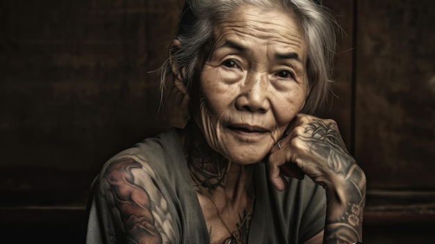 An old woman with tattoos on her arm