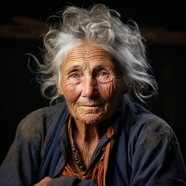an old woman with white hair and blue eyes