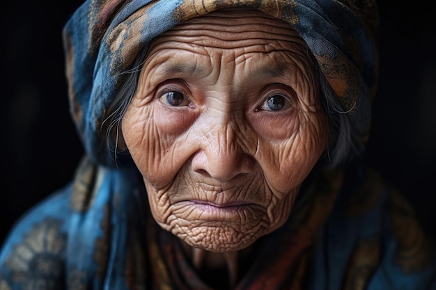 an old woman with wrinkles and a scarf