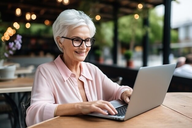 Photo old woman working on laptop computer in cafe at table