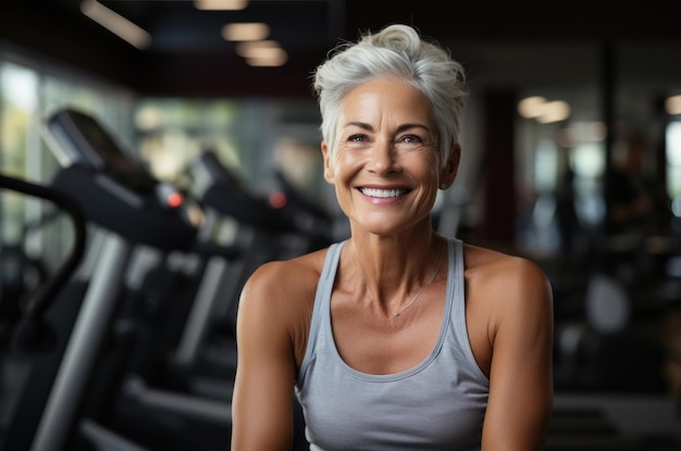 Foto vecchia donna che lavora sul tapis roulant guardando la telecamera selettiva messa a fuoco lei sta sorridendo palestra moderna