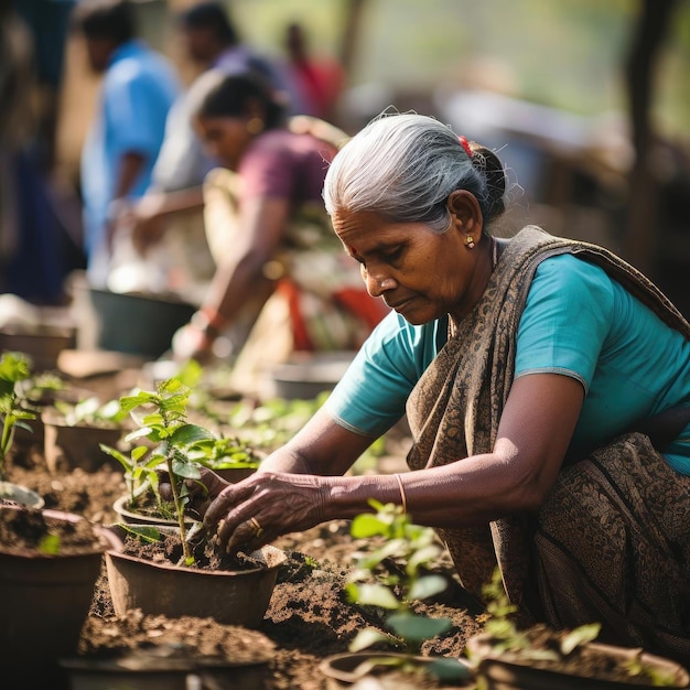 Old woman working with plants in the dirt