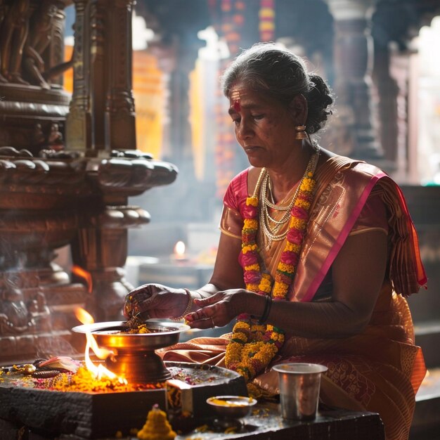 Photo an old woman worshiping in a temple with diya and incense