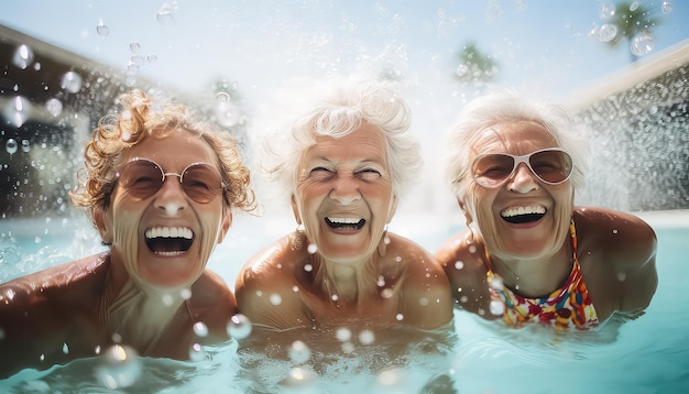 Old women in the pool on vacation in summer March 8 World Women's Day