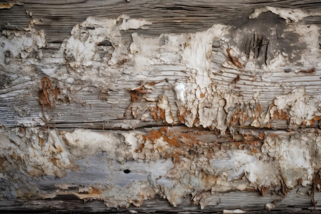 白いペンキが剥がれ、下の天然木が見える古い木の板