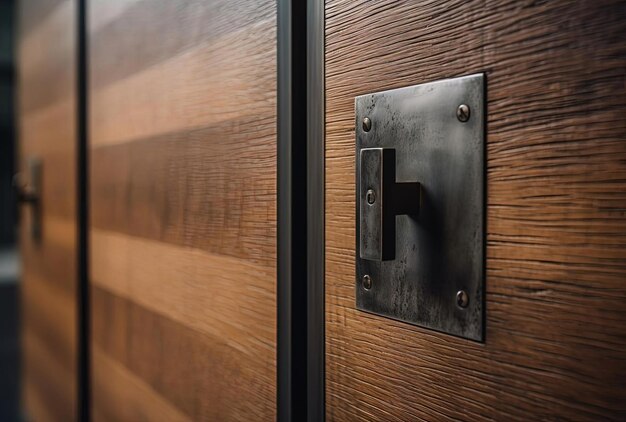 an old wood door with black handles in the style of raw versus finished